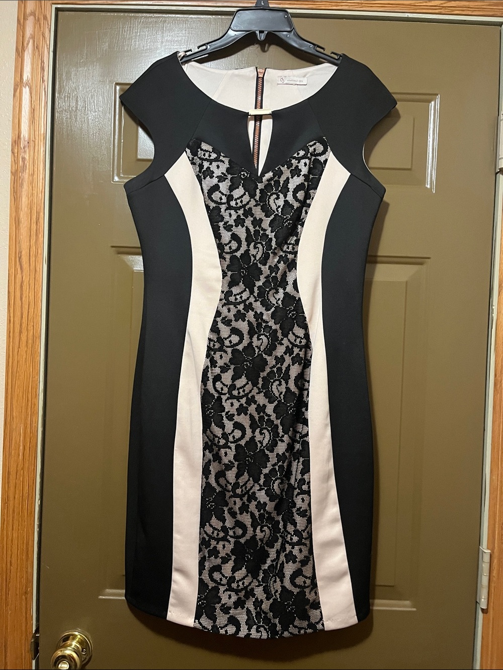 Black & Cream Lace-Panel Midi Sheath Dress